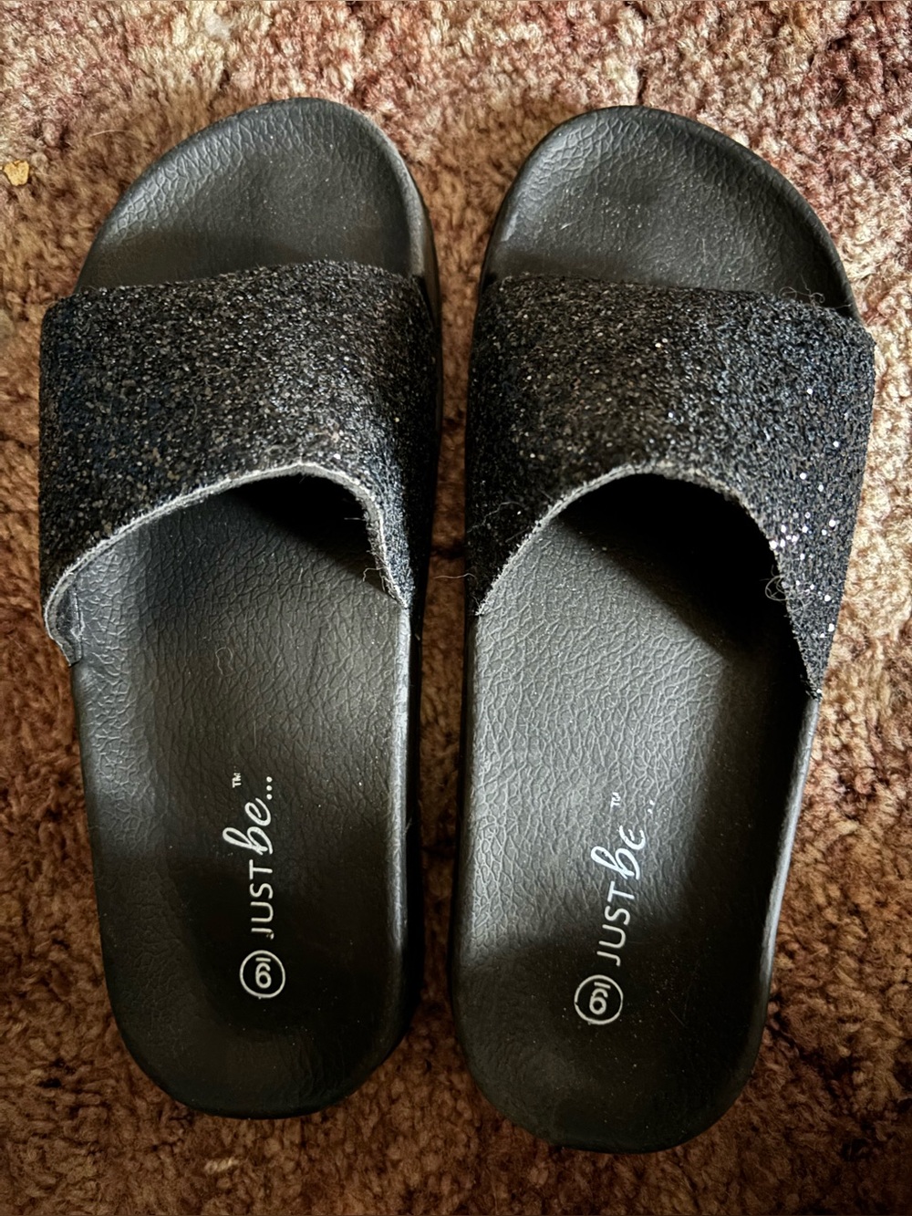 just be Black Glitter Slide Sandals with Sparkle Strap